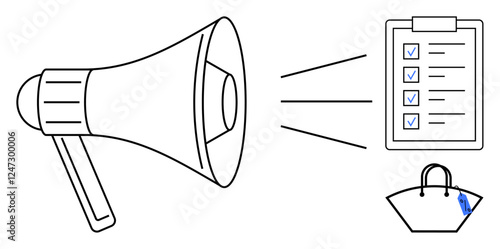 Megaphone projecting checklist with three marked items towards shopping basket. Ideal for marketing, advertising, planning, communication, organization, business strategy, customer engagement. Simple
