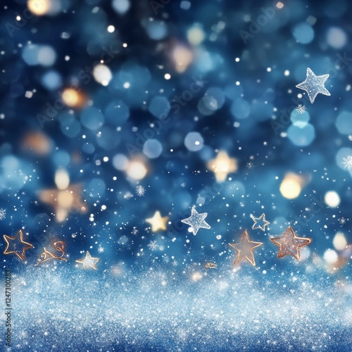 Christmas background with snowflakes and stars, blue bokeh