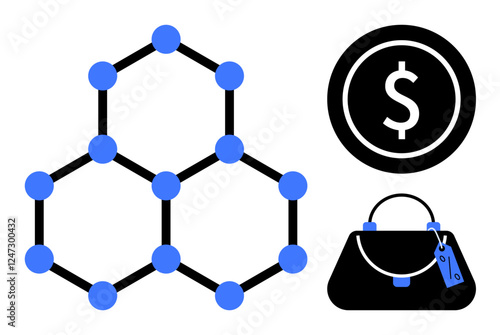 Molecular structure hexagons, dollar sign coin, and handbag with price tag. Ideal for finance, luxury, science innovation, economics, consumerism wealth symbolism and molecular chemistry. Abstract