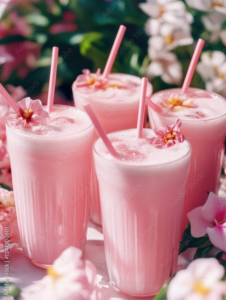 Three pink milkshakes with straws in a bouquet of flowers. Three pink milkshakes with straws in a bouquet of flowers.