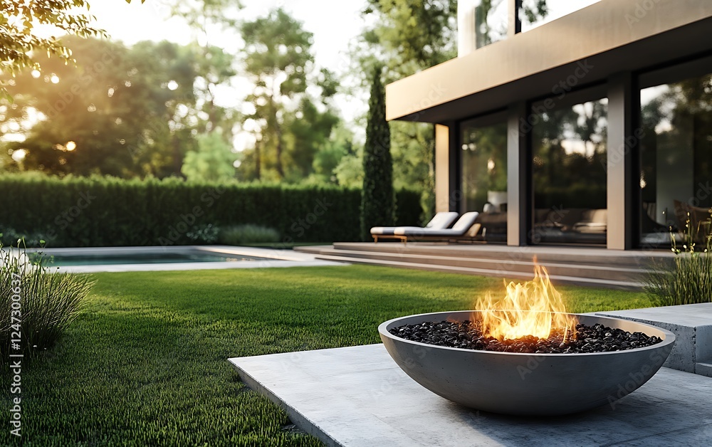Modern house with a pool and fire pit in the garden, with a green lawn Modern house with a pool and fire pit in the garden, with a green lawn