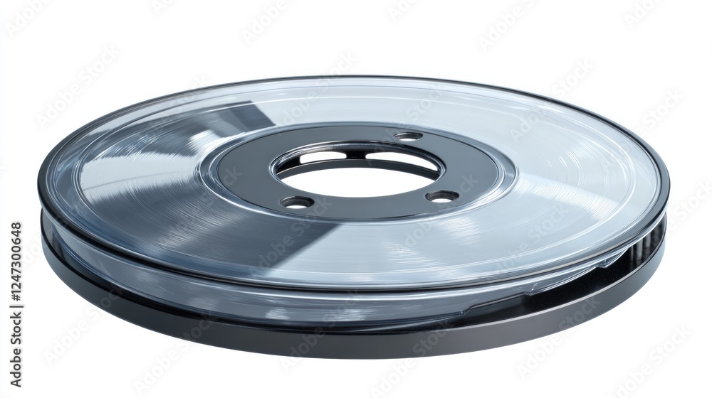 A silver and clear disk with a black rim. The disk is circular and has a hole in the center A silver and clear disk with a black rim. The disk is circular and has a hole in the center