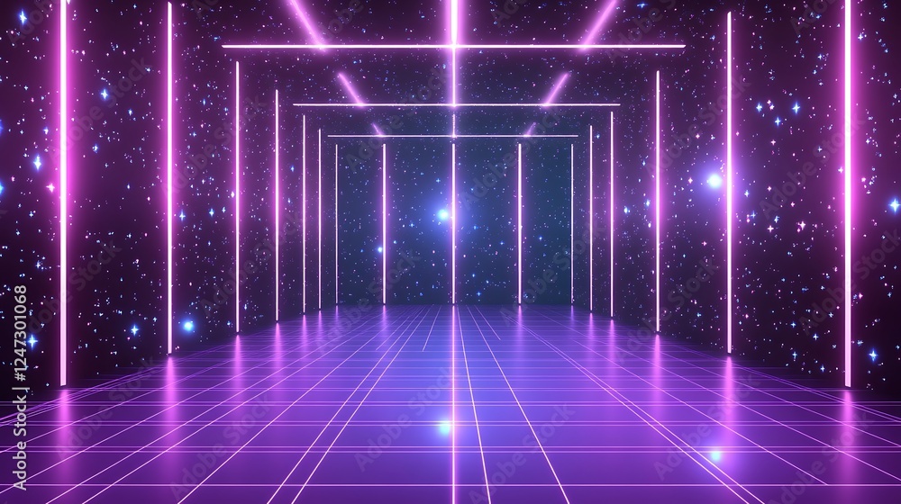 Neon corridor, stars, cosmic background, retro design, sci-fi Neon corridor, stars, cosmic background, retro design, sci-fi