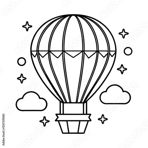 Black and white outline illustration of a hot air balloon.
