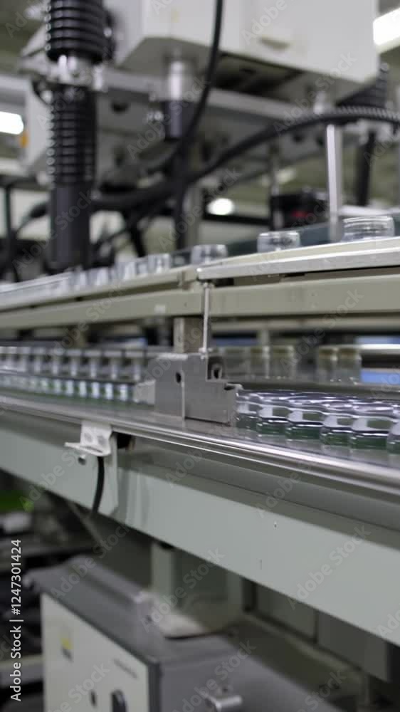 Transparent plastic lids gliding on factory conveyor, robotic arm performing precise packaging sequence in automated production line Transparent plastic lids gliding on factory conveyor, robotic arm performing precise packaging sequence in automated production line