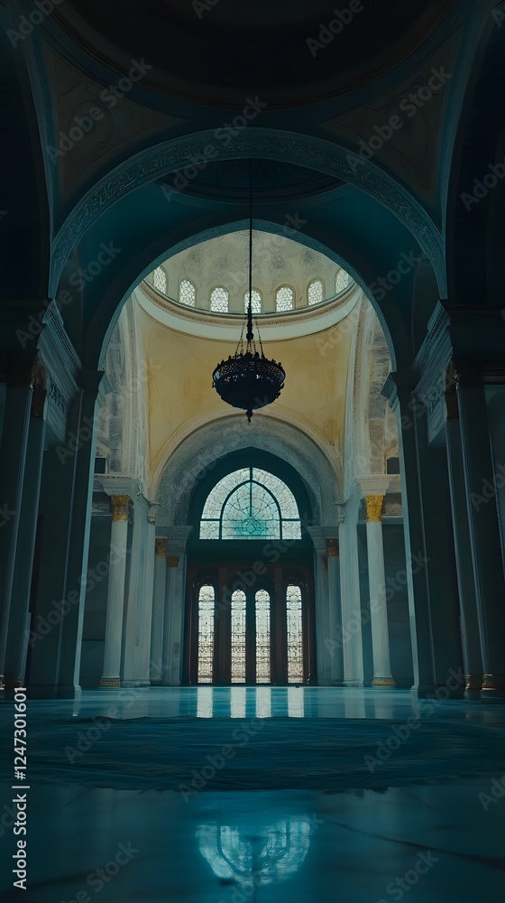 A cinematic still of the exterior view from inside the Blue Mosque
A cinematic still of the exterior view from inside the Blue Mosque