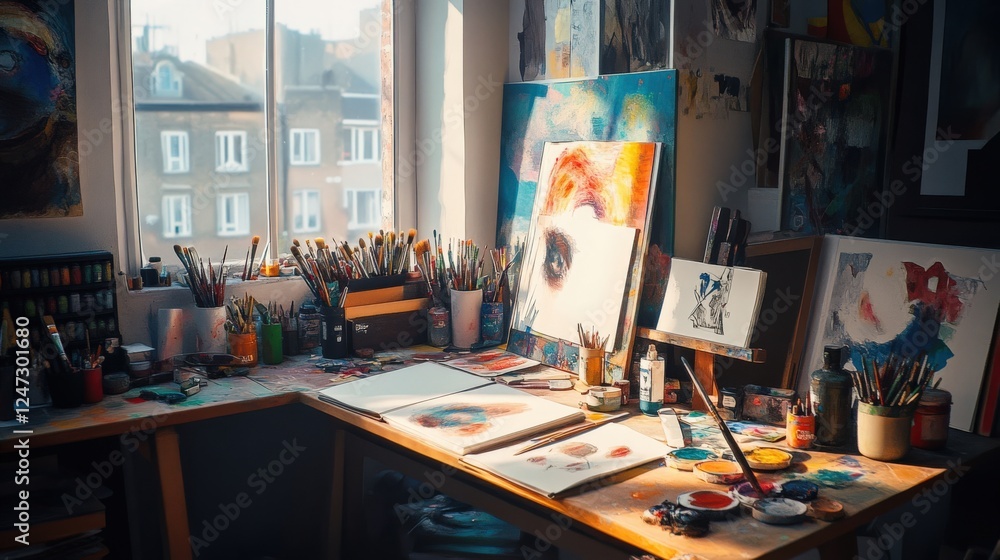 Bright Art Studio with Paints and Brushes on a Cozy Wooden Desk Near a Window Bright Art Studio with Paints and Brushes on a Cozy Wooden Desk Near a Window