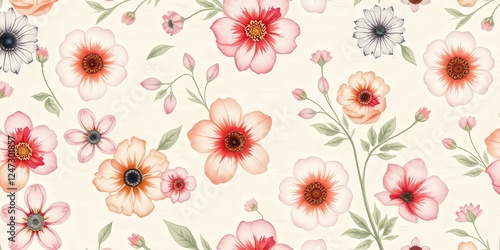 Vibrant floral tapestry showcasing a delightful array of blooming flowers in soft pastel hues on a cream background