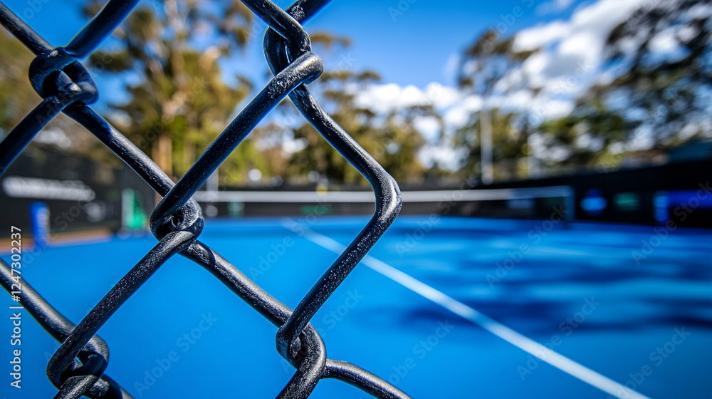 A silver chain-link fence stands in focus, symbolizing boundaries and separation, while a blurred, empty blue tennis court under a cloudy sky evokes a sense of solitude and stillness.
A silver chain-link fence stands in focus, symbolizing boundaries and separation, while a blurred, empty blue tennis court under a cloudy sky evokes a sense of solitude and stillness.