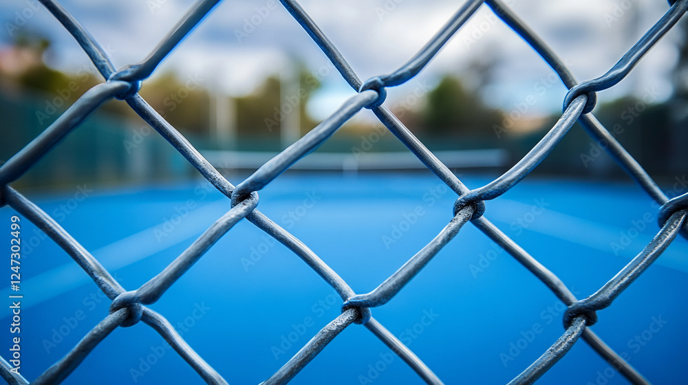 A silver chain-link fence stands in focus, symbolizing boundaries and separation, while a blurred, empty blue tennis court under a cloudy sky evokes a sense of solitude and stillness.
A silver chain-link fence stands in focus, symbolizing boundaries and separation, while a blurred, empty blue tennis court under a cloudy sky evokes a sense of solitude and stillness.