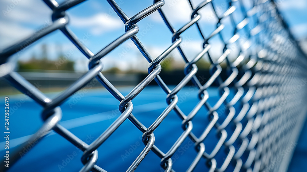 Fototapeta premium A silver chain-link fence stands in focus, symbolizing boundaries and separation, while a blurred, empty blue tennis court under a cloudy sky evokes a sense of solitude and stillness.