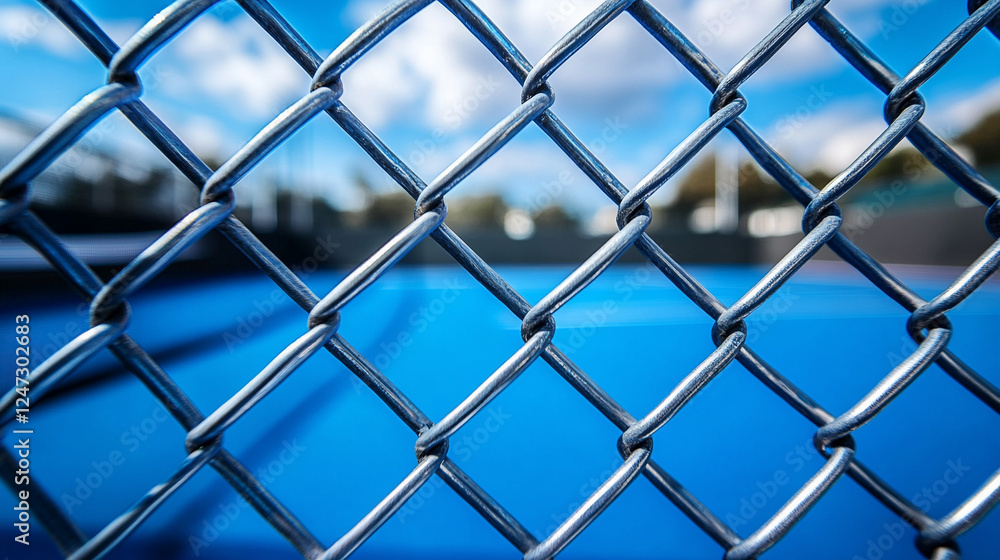 A silver chain-link fence stands in focus, symbolizing boundaries and separation, while a blurred, empty blue tennis court under a cloudy sky evokes a sense of solitude and stillness.
A silver chain-link fence stands in focus, symbolizing boundaries and separation, while a blurred, empty blue tennis court under a cloudy sky evokes a sense of solitude and stillness.