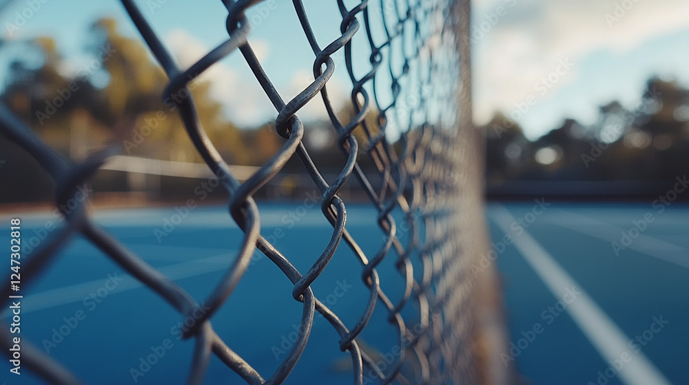 A silver chain-link fence stands in focus, symbolizing boundaries and separation, while a blurred, empty blue tennis court under a cloudy sky evokes a sense of solitude and stillness.
A silver chain-link fence stands in focus, symbolizing boundaries and separation, while a blurred, empty blue tennis court under a cloudy sky evokes a sense of solitude and stillness.