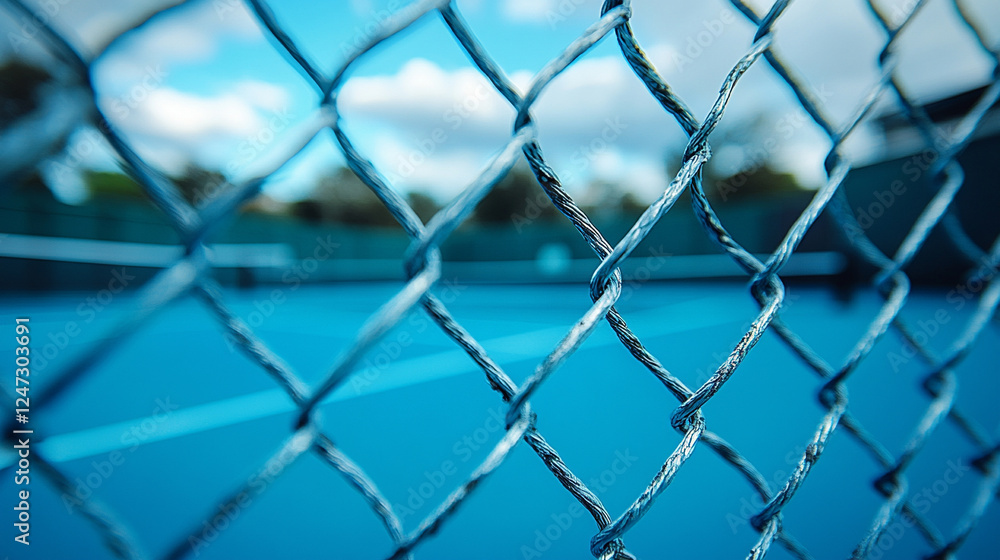 Fototapeta premium A silver chain-link fence stands in focus, symbolizing boundaries and separation, while a blurred, empty blue tennis court under a cloudy sky evokes a sense of solitude and stillness.