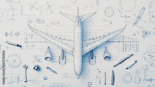 detailed airplane blueprint with engineering tools