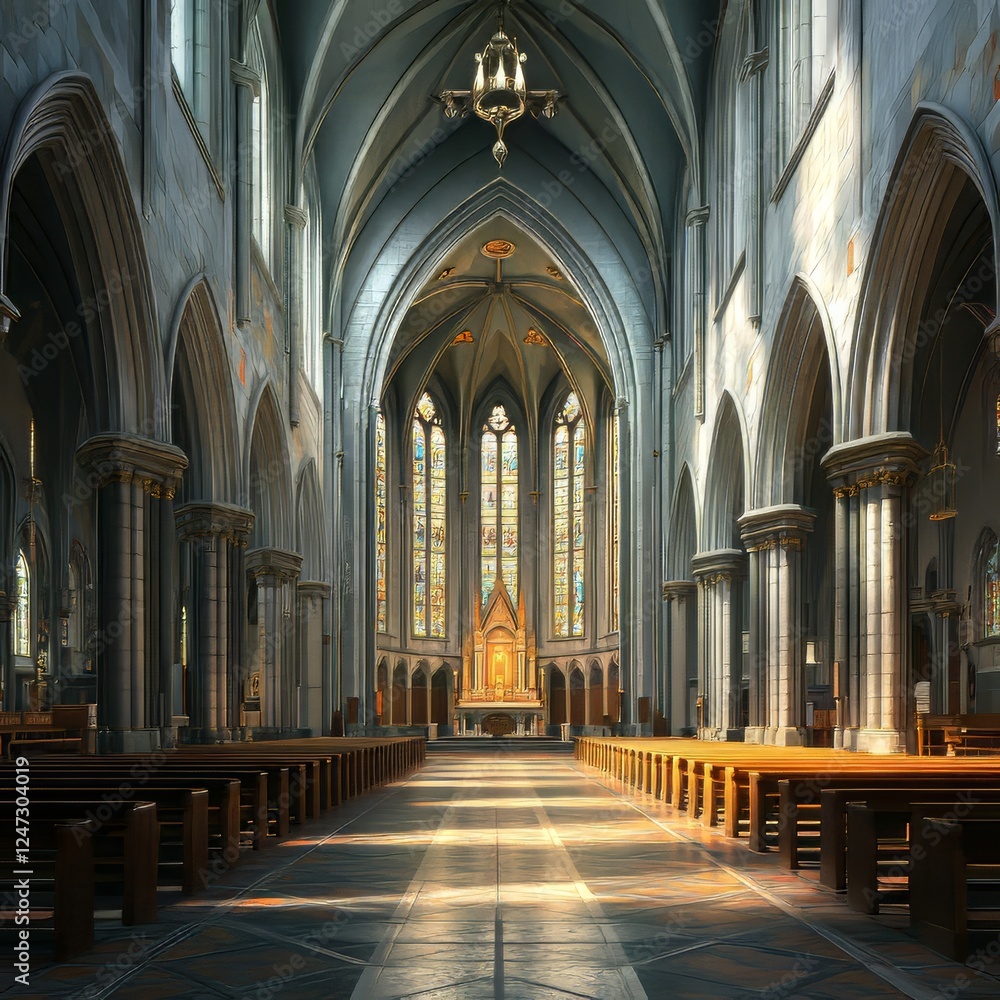 Fototapeta premium Grand cathedral interior with stained glass.