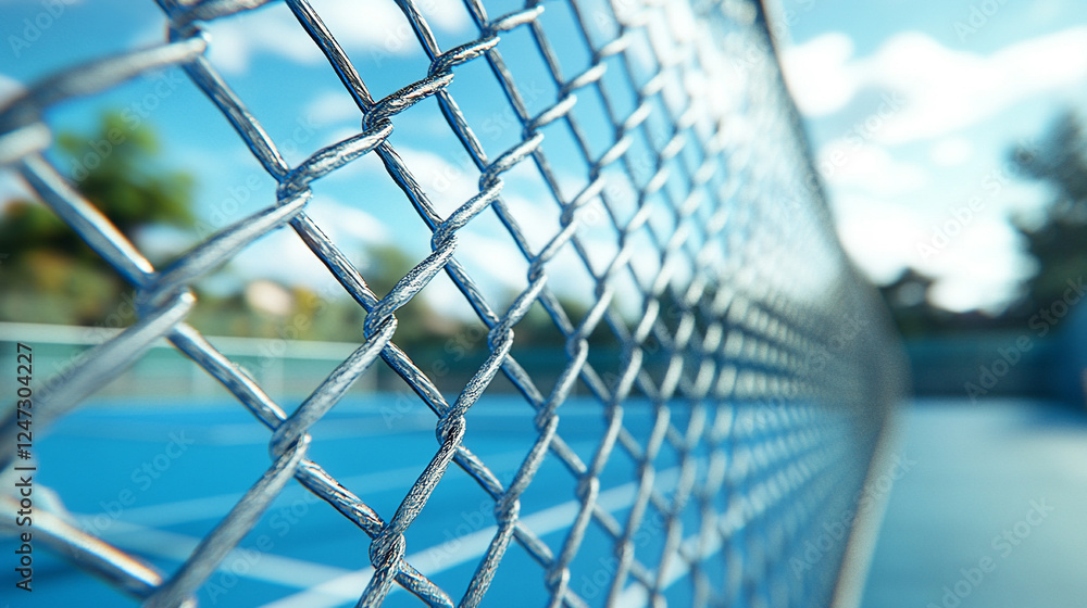 A silver chain-link fence stands in focus, symbolizing boundaries and separation, while a blurred, empty blue tennis court under a cloudy sky evokes a sense of solitude and stillness.
A silver chain-link fence stands in focus, symbolizing boundaries and separation, while a blurred, empty blue tennis court under a cloudy sky evokes a sense of solitude and stillness.