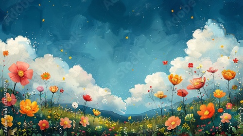 Cute and whimsical backdrop with imaginative doodles of flowers, stars, and happy clouds
