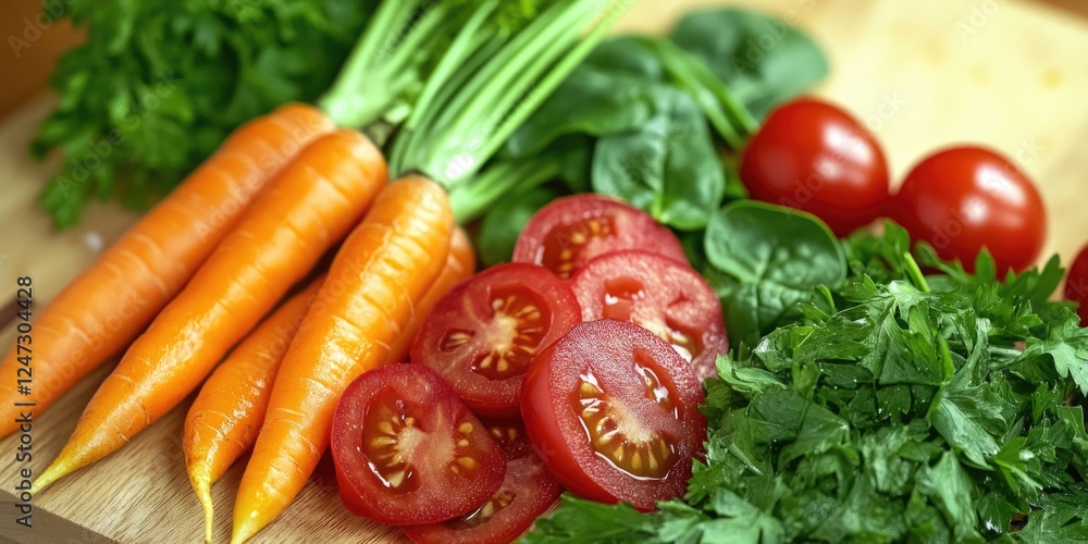 A variety of vegetables including carrots, tomatoes, and spinach are displayed on a wooden cutting board. Concept of freshness and health, as the vegetables are all natural and unprocessed A variety of vegetables including carrots, tomatoes, and spinach are displayed on a wooden cutting board. Concept of freshness and health, as the vegetables are all natural and unprocessed