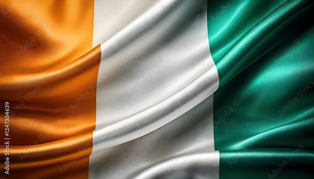 Vibrant Ivory Coast flag waving with luxurious satin texture - Patriotic and cultural symbol Vibrant Ivory Coast flag waving with luxurious satin texture - Patriotic and cultural symbol