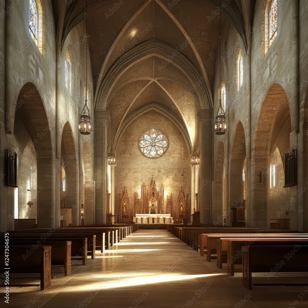 Ornate Church Interior with Pews and Arches Ornate Church Interior with Pews and Arches