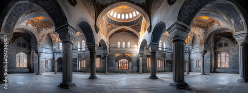 A cinematic still of the exterior view from inside the Blue Mosque

