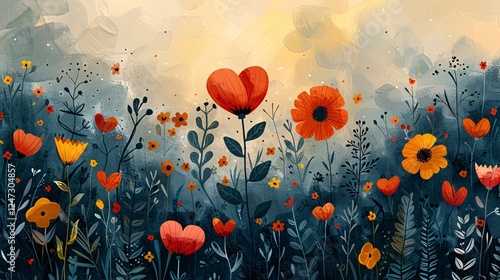 Light-hearted background with hand-drawn flowers, playful stars, and cheerful hearts