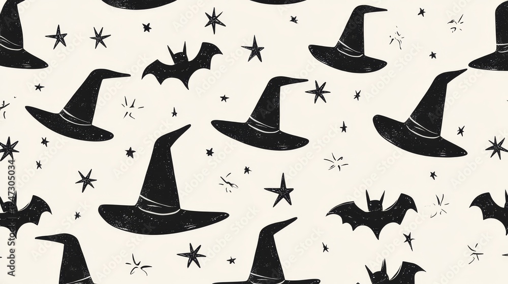 Seamless vector pattern with black witch hat and bat decorated with stars. Halloween background with magic elements. Spooky doodle texture for design and print Seamless vector pattern with black witch hat and bat decorated with stars. Halloween background with magic elements. Spooky doodle texture for design and print