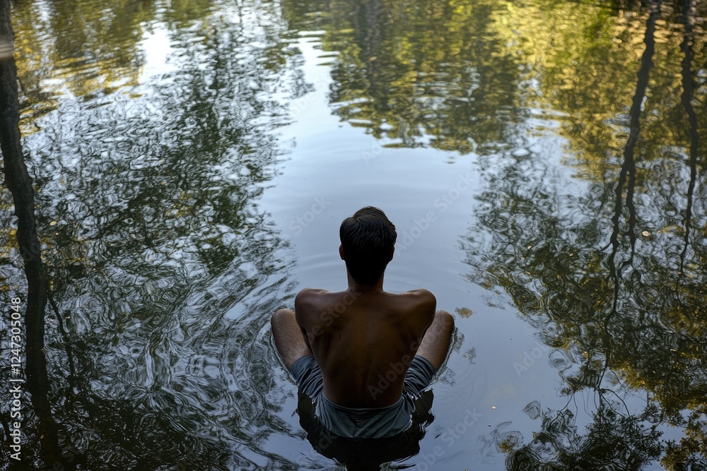 The man is sitting in a serene body of water, possibly enjoying some leisure time away from the hustle and bustle. He's wearing swim trunks suitable for this activity. The man is sitting in a serene body of water, possibly enjoying some leisure time away from the hustle and bustle. He's wearing swim trunks suitable for this activity.