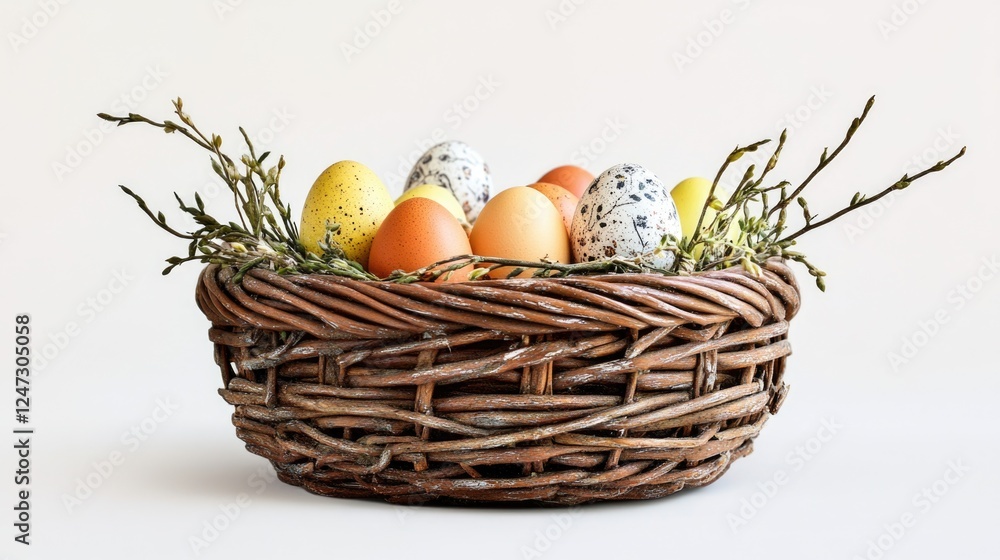 A basket full of eggs with some branches in it. The basket is brown and the eggs are of different colors A basket full of eggs with some branches in it. The basket is brown and the eggs are of different colors