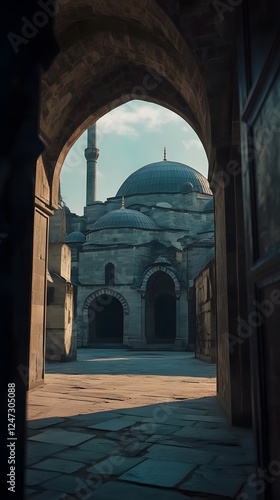 A cinematic still of the exterior view from inside the Blue Mosque
