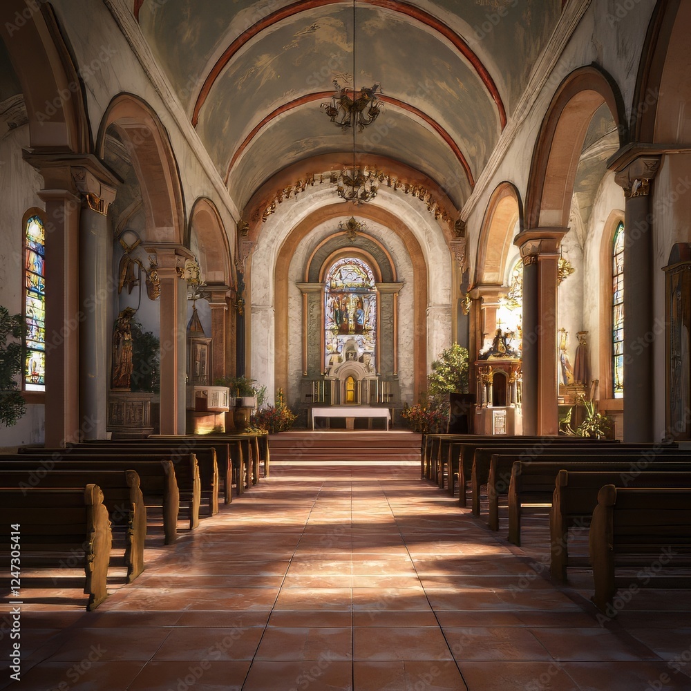 Obraz premium Church Interior with Rows of Empty Wooden Pews