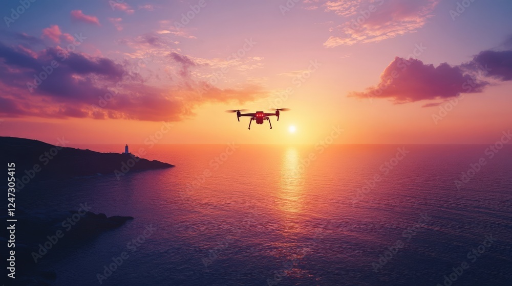 Obraz premium Drone Flying Over Sunset View Near Cliff and Lighthouse Above Calm Ocean Waves