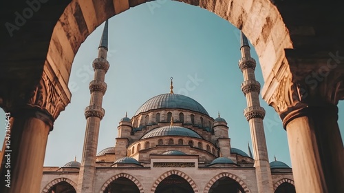 A cinematic still of the exterior view from inside the Blue Mosque
