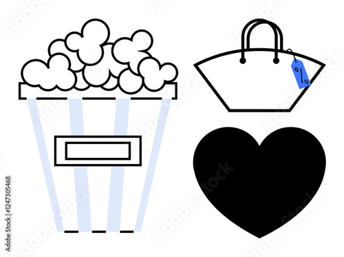 Popcorn bucket, handbag with price tag, and solid heart shape. Ideal for themes thumbs up entertainment, shopping, affection, leisure activities, consumerism date nights and lifestyle. Simple