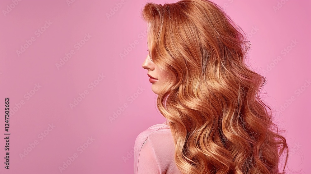Naklejka premium Wavy blonde hair, Woman side profile, Pink background, Shiny healthy waves, Natural hairstyle, Beauty portrait, Modern hair trend, Elegant hair model