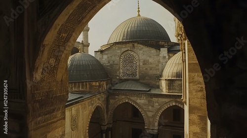 A cinematic still of the exterior view from inside the Blue Mosque
