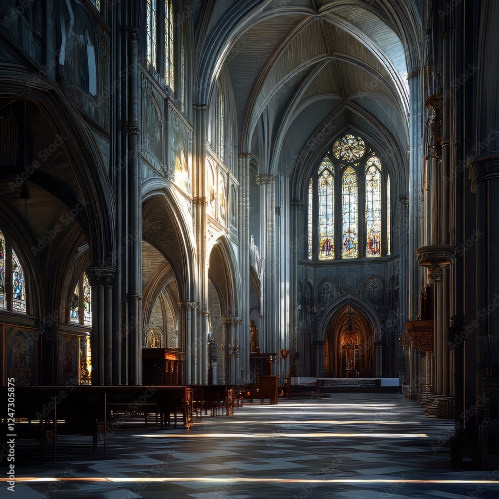 Fototapeta premium Cathedral Interior with Stained Glass Windows