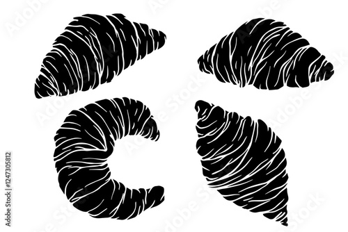 Set of silhouettes, stamps of French buns crispy pastries croissants. Vector graphics.