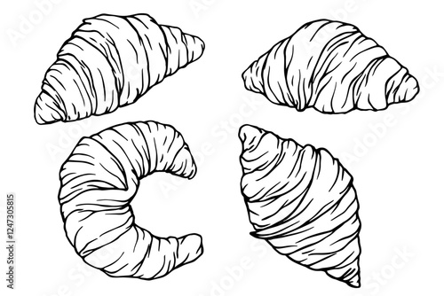 Set of doodles of french buns crispy pastries croissants.Vector graphics.