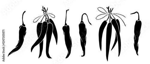 Set of silhouettes, stamps of hot chili pepper pods. Vector graphics.