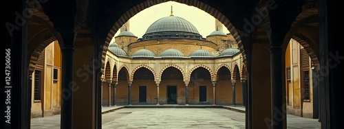 A cinematic still of the exterior view from inside the Blue Mosque
