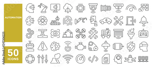 Set of 50 line icons related to automation, technology, artificial, intelligence, machinery, industry, sensor, system, robotic, data, circuit, Editable stroke. Vector illustration