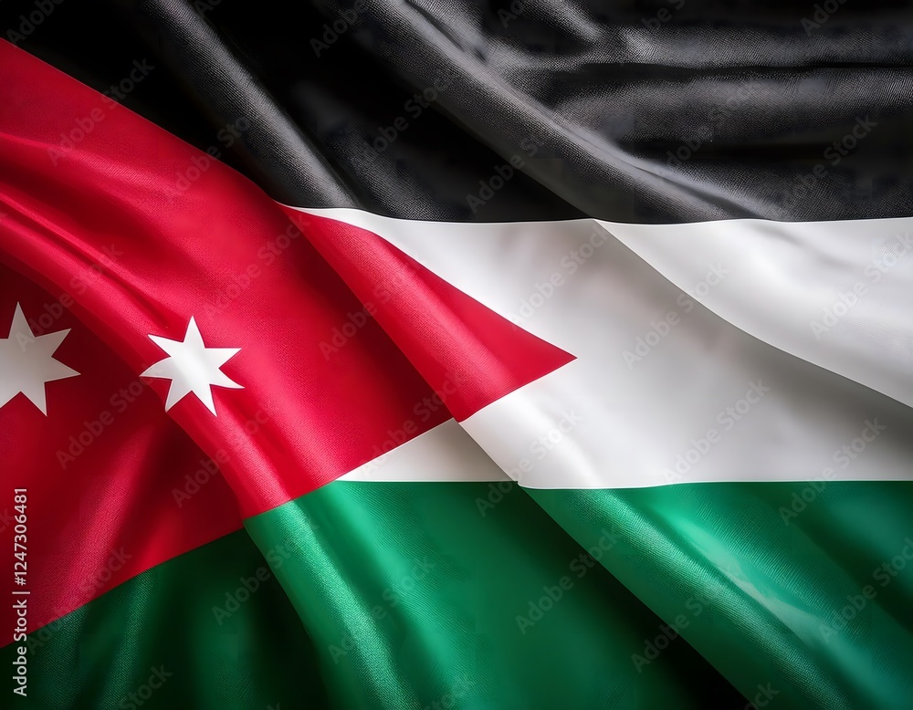 Vibrant Jordan flag waving with luxurious satin texture - Patriotic and cultural symbol Vibrant Jordan flag waving with luxurious satin texture - Patriotic and cultural symbol