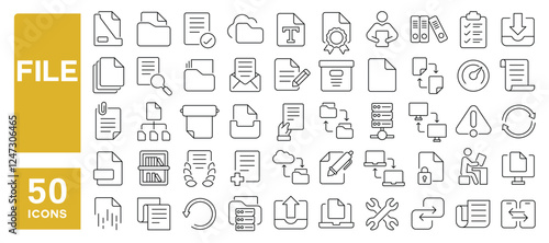 Set of 50 line icons related to file, document, download, form, paper, page, template, information, data, send, archive, folder, Editable stroke. Vector illustration