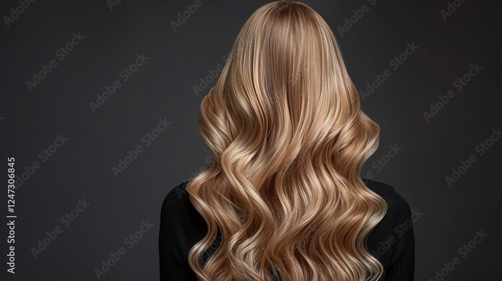 Fototapeta premium Back portrait of woman with golden blonde wavy hair, soft curls with volume and shine, luxurious hairstyle with rich texture, dark studio background