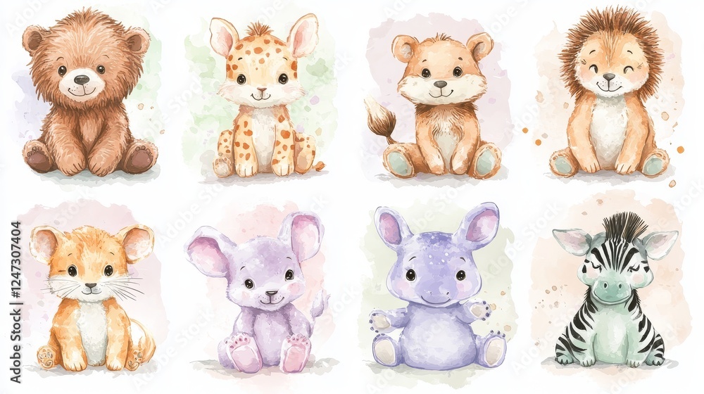 Obraz premium Cute wild woodland baby animal faces in pastel color vector illustration. Baby shower and nursery art animal set including a bear, tiger, lion, rabbit, giraffe, zebra, crocodile, fox, hippo and monkey
