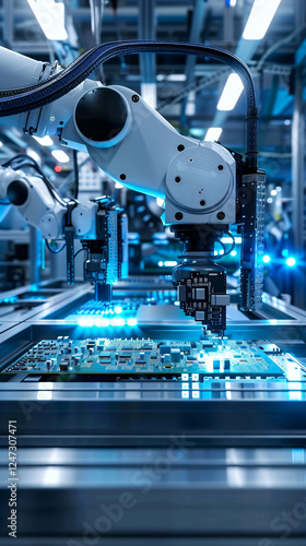 Automated Robotic Arm in a Modern Electronics Manufacturing factory, working and Installation Component on Circuit microchip, with glowing lighting effects, circuit board factory