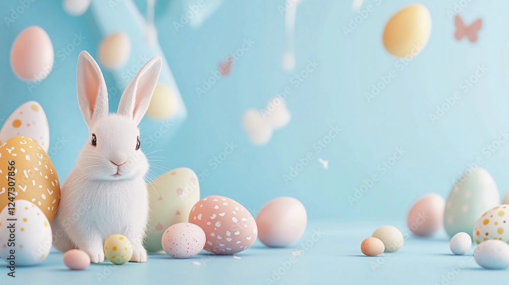 Obraz premium Colorful Easter eggs surround a cute white bunny in a festive spring setting featuring pastel hues and playful decorations for the holiday celebration. Generative AI