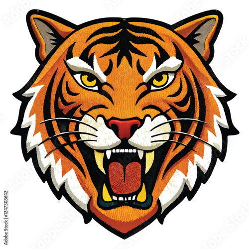 A high-quality embroidered patch of a roaring tiger head with electrifying colors and dynamic stitching